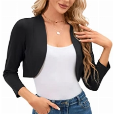 KOJOOIN Damen Bolero Elegant Strickjacke 3/4 Ärmel Kurz Festlich Schulterjacke（Verpackung MEHRWEG） Schwarz,S