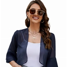 KOJOOIN Damen Bolero Kurze Strickjacke Festlich Kurz Cardigan Elegant Schulterjacke（Verpackung MEHRWEG） Dunkelblau-Chiffon,L