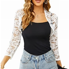 KOJOOIN Damen Bolero Spitzen Jacke Festlich Kurz Cardigan Langarm Strickjacke für Hochzeit Cocktailkleid Weiss M