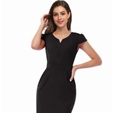 KOJOOIN Damen Elegant Etuikleider Knielang Kurzarm Business Kleider Schwarz S