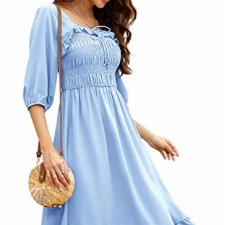 KOJOOIN Damen Kleid Casual Lange Sommerkleid 3/4 Ärmel Swing Midikleid A Linie Freizeitkleid mit Hohe Taille Blau M