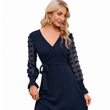 KOJOOIN Damen Kleid Strickkleid Pulloverkleid Elegant A-Line Tunika Kleid V-Ausschnitt Langarm Midikleid mit Gürtel（Verpackung MEHRWEG）,Navy blau,XL