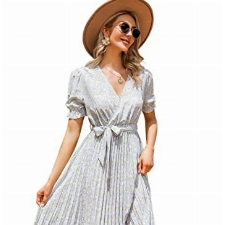 KOJOOIN Damen Sommerkleid V Ausschnitt Tunika Midikleid Plissiert Wickelkleid Kurzärm Casual Kleid A-Linie Freizeitkleid mit Gürtel, Lila Blume-1, M