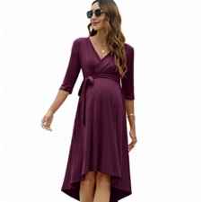 KOJOOIN Damen Umstandskleid Festlich Stillkleid V-Ausschnitt 3/4 Ärmel Schwangerschaftskleid mit Taillengürtel Burgundy(3/4 Ärmel) M