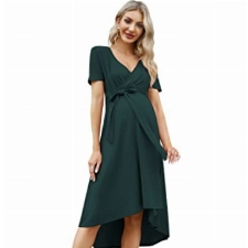 KOJOOIN Damen Umstandskleid Festlich Stillkleid V-Ausschnitt Kurzarm Schwangerschaftskleid mit Taillengürtel Sommer Dunkelgrün(Kurzarm) S