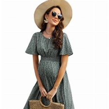 KOJOOIN Damen Umstandskleid Kurzarm Schwangerschafts Bedrucktes Kleid mit Rundhalsausschnitt und Rüschen Grün M