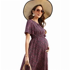 KOJOOIN Damen Umstandskleid Kurzarm Schwangerschafts Bedrucktes Kleid mit Rundhalsausschnitt und Rüschen Rot L