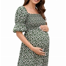 KOJOOIN Damen Umstandskleid Kurzarm Sommer Umstandskleid Schwangerschaftskleid mit Blumenmuster und Eckigem Ausschnittgrün M