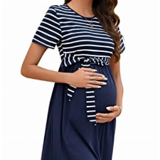 KOJOOIN Damen Umstandskleid Rundhalsausschnitt Gestreiftes Schwangerschaftskleid Kurzarm Casual Umstandstandskleid mit Gürtel Dunkelblau(Kurzarm) XL