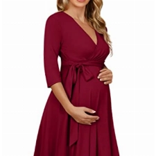 KOJOOIN Damen Umstandskleid Schwangerschafts Kleid für Schwangere Stillkleid V-Ausschnitt Langarm mit Taillengürtel（Verpackung MEHRWEG） Weinrot XXL