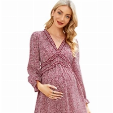 KOJOOIN Damen Umstandskleid V-Ausschnitt Langarm Stillkleid mit Rüschen Blumenkleid Schwangerschaftskleid Weinrot-A M