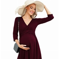 KOJOOIN Damen Umstandskleid V-Ausschnitt Stillkleid 3/4 Ärmel Knielang Falten Schwangerschaftskleid Weinrot(3/4 Ärmel) M
