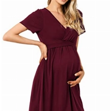 KOJOOIN Damen Umstandskleid V-Ausschnitt Stillkleid Casual Falten Schwangerschaftskleid Weinrot(Kurzarm) M