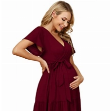 KOJOOIN Damen Umstandskleid V-Ausschnitt Stillkleid Casual Schwangerschafts Kleider mit Rüsche Burgundy(Kurzarm) M
