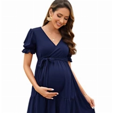 KOJOOIN Damen Umstandskleid V-Ausschnitt Stillkleid Elegant Puff Ärmel Schwangerschafts Kleider mit Rüsche Dunkelblau(Kurzarm) M