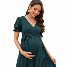 KOJOOIN Damen Umstandskleid V-Ausschnitt Stillkleid Elegant Puff Ärmel Schwangerschafts Kleider mit Rüsche Armeegrün(Kurzarm) M