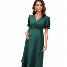 KOJOOIN Damen Umstandskleid V-Ausschnitt Stillkleid Kurzarm Schwangerschaftskleid mit Rüschen Blumenkleid Dunkelgrün Blumen S