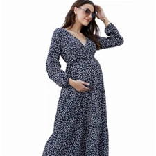 KOJOOIN Damen Umstandskleid V-Ausschnitt Stillkleid Umstandsmode mit Langarm Laternenärmel Schwangerschafts Kleider mit Gürtel Dunkelblau XXL