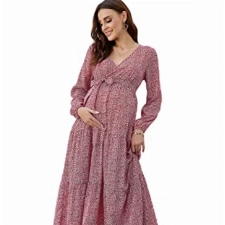 KOJOOIN Damen Umstandskleid V-Ausschnitt Stillkleid Umstandsmode mit Langarm Laternenärmel Schwangerschafts Kleider mit Gürtel Weinrot1 L