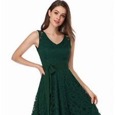 KOJOOIN Damen Vintage Brautjungfernkleider für Hochzeit Knielang Spitzenkleid Cocktailkleid Ballkleid Ärmellos Dunkelgrün L