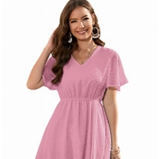 KOJOOIN Sommerkleid Damen Elegant Kleid Knielang Swiss Dot A-Linie Kurzarm V-Ausschnitt Strand Hochzeit Festlich Rosa M