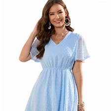 KOJOOIN Sommerkleid Damen Elegant Kleid Knielang Swiss Dot A-Linie Kurzarm V-Ausschnitt Strand Hochzeit Festlich Hellblau S