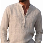 Kvruhuiy Baumwolle Leinenhemd Herren Lang Ärmel Casual Hemd Regular Fit Freizeithemd Shirts Khaki XXL