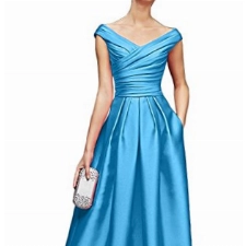 La_Marie Braut Damen Blau Satin V-Ausschnitt Brautmutterkleider Abendkleider Promkleider Bodenlang -34 Blau