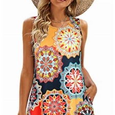 Lalala Sommerkleider für Frauen Übergröße Boho Lässiges Ärmelloses Strandkleid mit Taschen Dunkelblau,M