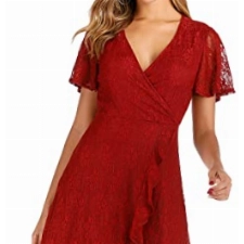 Laorchid Damen cocktailkleid v Ausschnitt Partykleid Brautjungfernkleid Spitzenkleid a Linie festlich Kleid Abendkleid elegant Hochzeit hochzeitsgäste Burgundy Rot M