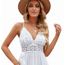 LATH.PIN Minikleid, kurz, aus Spitze, Sommerkleid, sexy, V-Ausschnitt, verstellbare Riemen, Kleid mit Trägern für Damen, Weiß2, Medium