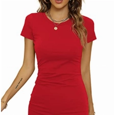 Laughido Mini Kurzarm Bodycon Rundhals Strandkleid Damen Wickelkleid Kurzes Sommerkleid Gerüscht Eng Tshirt Kleid (Rot, X-groß)