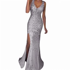 Lazzboy Cocktailkleider Damen Hochzeitskleid Frauen Festliches Kleid Pailletten Prom Party Ballkleid Gold Abend Brautjungfer V-Ausschnitt Lang Partykleid High Split Abendkleider (Silber,M)
