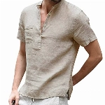 Leinen Hemd Herren Kurzarm Hemd Leinen Einfarbig Shirts Henley Hemden mit Knopfleiste Shirt Sommer Casual Leinenshirt Khaki M