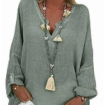 Leinenbluse Damen Bluse Damen Sommer Tunika V-Ausschnitt Große Größen Blusenshirt Damen Langarmshirt Leinen Baumwolle Hemd Oberteile Druck Shirt (A Grün, XL)