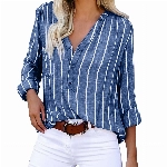 Leinenbluse Damen Hemd - Gestreifte Bluse Damen Sommer T-Shirt Baumwolle Leinen Oberteile Knopfleiste Langarm Leinenhemd mit Brusttasche Blusenshirt Tunika Arbeits Tops T-Shirts & Blusen für Frauen
