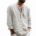 Leinenhemd Herren Mittelalter Hemd Langarm Kragenlos mit Schnürung Freizeithemd Männer Leichte Yoga Shirt Sommerhemd Strand Leinen T Shirts