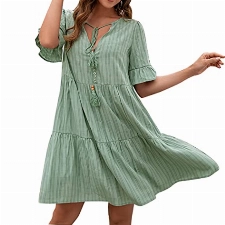 Leinenkleid Damen Sommer Leinenkleider Sommerkleid Damen Leinen Streifen Strandkleider Boho Große Größen Frauenkleid Festkleid Kurzarm V-Ausschnitt Swing Kleid Stilvolles A-Linie Retro Kleid, Grün, M