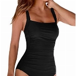 Leslady Damen Einfarbig Badeanzug Bandeau Monokini Figurformende Verstellbarer Schultergurt Badeanzüge Falten Bademode Schwimmanzug, Schwarz, EU 44-46 (XL)