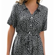 Livonmone Sommerkleid Damen Kurzarm Casual V-Ausschnitt Blumendruck Kleider Strandkleider Sexy Schlitz Midikleid Cocktailkleid Partykleid mit Gürtel (Schwarz, XL)