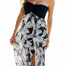 LRUD Damen Bohemian Blumendruck Schulterfrei Knielang Strandkleid Schwarz Weiß Sommerkleid Frauen Bademode, S, Schwarz-weiß