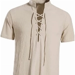 LUYANA Herren Casual Kurzarm Leinen Shirt Hippie V Ausschnitt Strand Hemd Khaki L