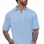 LUYANA Herren Umlegekragen Leinenshirt Leicht Freizeithemd Sommerhemd Hellblau 3XL