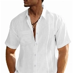 LVCBL Freizeithemden Herren Leinen Button Up Shirt Revershemd Weiß L