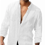 LVCBL Herren Leinenhemd Shirt Hemd Langarm Herbst Regular Fit Freizeit Hemd Männer Tops Weiß XL