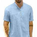 LVCBL Sommer Leinen Kurzarm Hemden Henley Hemden Loose fit Hemden Blau M