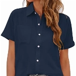 MAGIMODAC Damen Baumwolle Leinen Bluse Sommer Shirt Freizeit Lässige Oberteile Kurzarm Frauen Hemdbluse Dunkelblau M