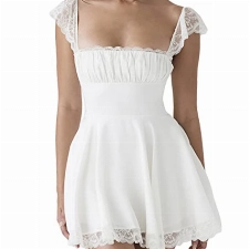 MAHUAOYIXI Damen Vintage A-Linie Kleid Kurzarm gerüschte Brust einfarbig fließend Minikleid, weiß, S