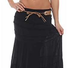 Malito – Rock Damen bodenlang aus Baumwolle mit elegantem Strickmuster & Kunstleder Gürtel – Maxi Rock lang mit breitem Bund – Angenehm Luftiger Sommerrock für Damen 1116 (Schwarz| 34-40)