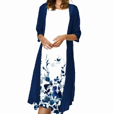 Masrin Kleider Anzug Damen Blumendruck langes Kleid zweiteiliges Set Ärmelloses Trägerkleid + Einfarbig Langarm Chiffon Strickjacke Böhmisches Feiertags Strandkleid Sommerkleid Partykleid